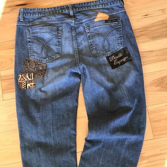 Upcycled Patchwork Jeans, 14: Boho Hippie Pants, Coffee Theme, Recycled Denim - Picture 3 of 14